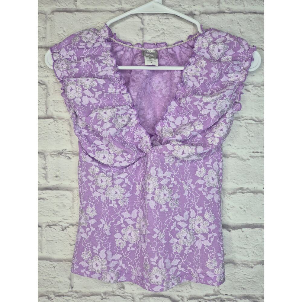 Vintage Y2K Finesse lavender glitter lace top ruffle milkmaid grunge glam small